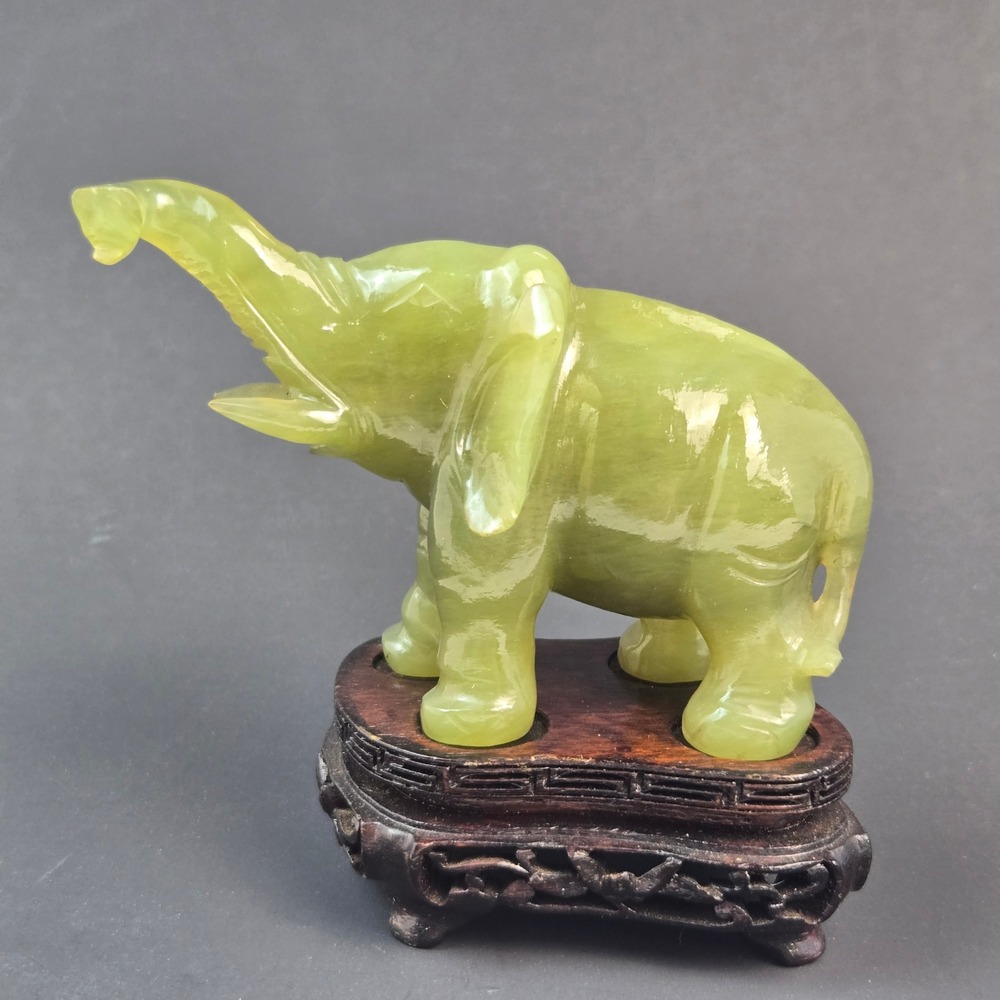 Vintage Hand Carved Green Jade Elephant Figurine on Carved Wood Stand